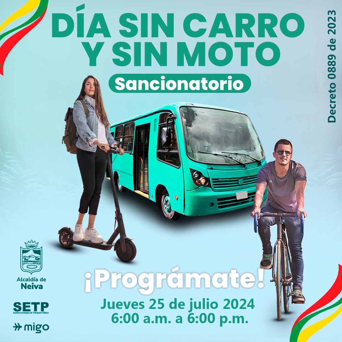 SetpNeiva's tweet photo. #setpneiva 👆No olvides que el Jueves 25 de Julio es día sin carro y sin moto obligatorio. Evita sanciones, usa el transporte público. Desde las 5:00 am los buses 🚍iniciarán el recorrido de cada una de la rutas correspondientes.
@municipioneiva @germancasaguab #mueveteConMigo https://t.co/8ZhwkmeW5D