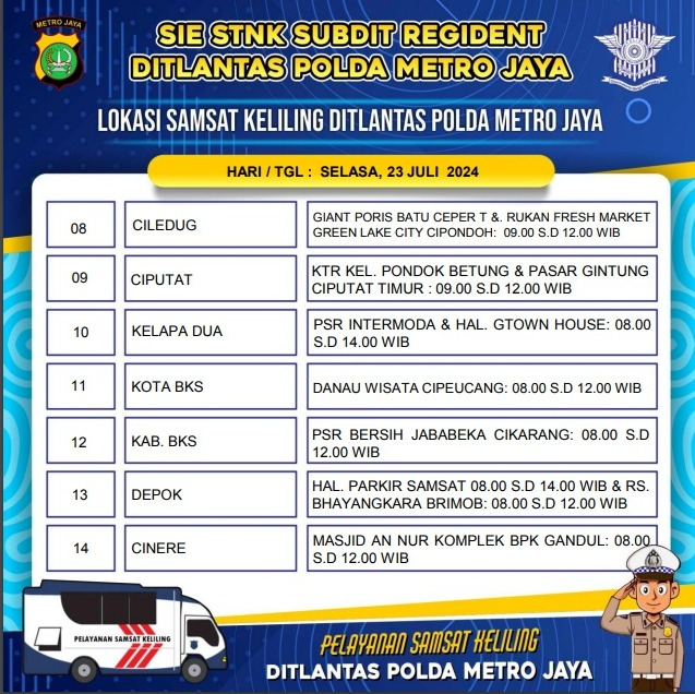 TMCPoldaMetro's tweet photo. Lokasi Pelayanan #SAMLING Samsat Keliling Dit Lantas Polda Metro Jaya, Selasa, 23 Juli 2024. https://t.co/XWjxpBOoFC