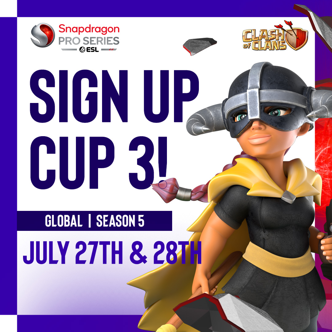 📣 REMINDER! Cup 3 is right around the corner! Sign up and compete in the Snapdragon Mobile Open Cups! 

💰 $50,000 in prizes and an exclusive SILVER ticket to the #ClashWorlds LCQ await you!

📅 July 27th &amp; 28th | Sign up here 👉 esl.gg/SPSCup3

#SnapdragonProSeries
