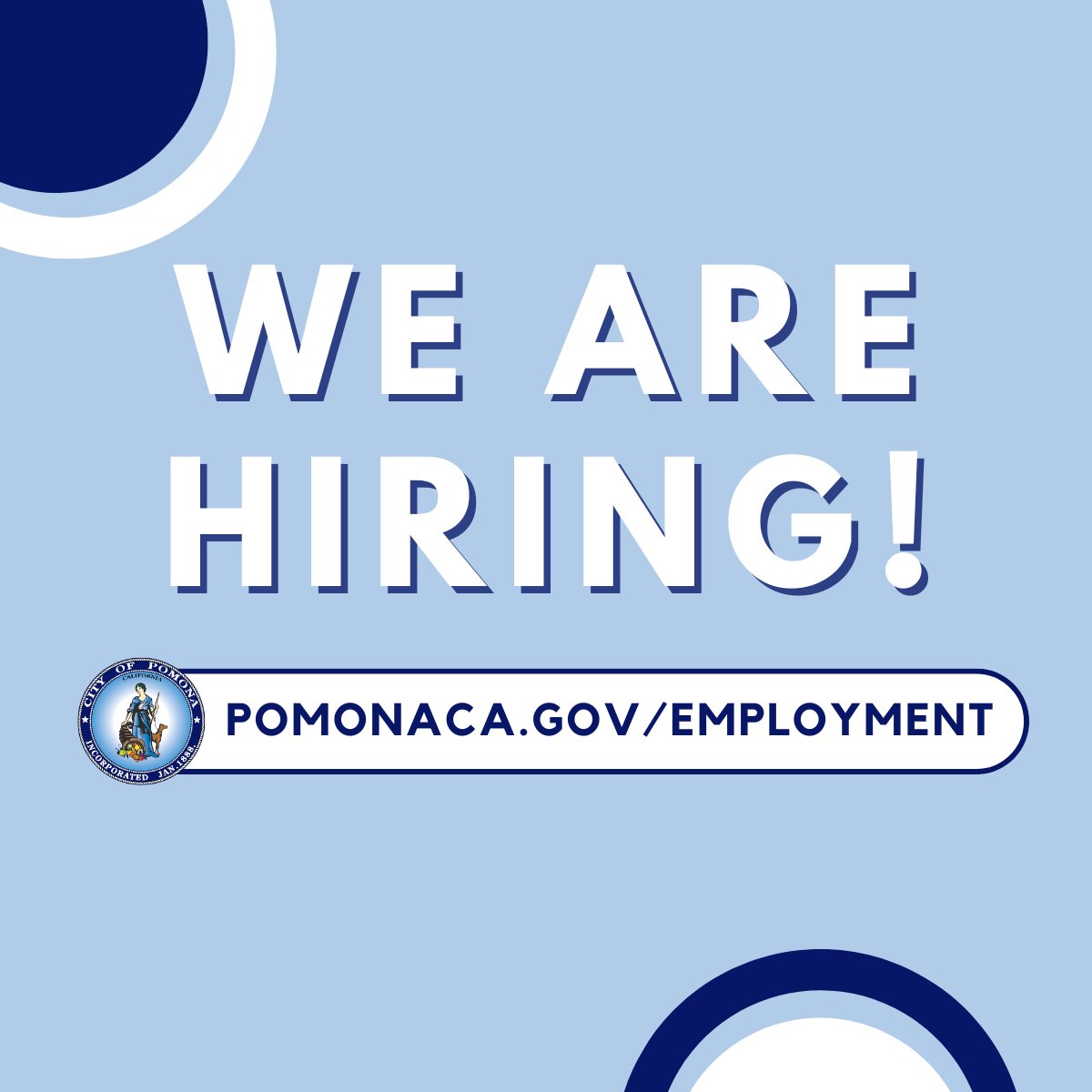 The City of Pomona is hiring! Make a difference in your community 🧑🏽‍💻🌳 Join our team and contribute to building a vibrant and prosperous Pomona.

💼 Visit pomonaca.gov/employment and browse through the various part-time and full-time positions.
#cityofpomona