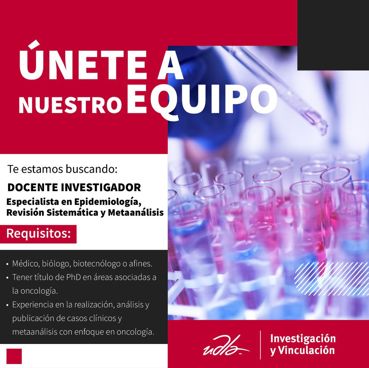 IMMoyaM's tweet image. La Universidad de las Américas (UDLA) se complace en anunciar la apertura de una posición para un investigador (PhD) a tiempo completo en el área de investigación del cáncer.
Para más información
empleos.udla.edu.ec/job-invite/559…
empleos.udla.edu.ec/job-invite/559…