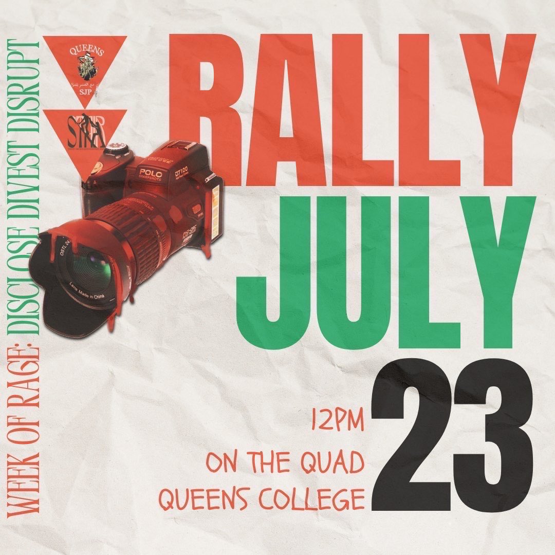 Cuny4P's tweet image. Queens College SJP and STAIR announce a rally for tomorrow (7/23) @ 12pm

All out to protest Day 2 of the FBI: Most Wanted fake encampment filming at Queens College! 

Autonomous action succeeded in shutting down filming at QC for the day! Let’s continue to shut it down tomorrow!