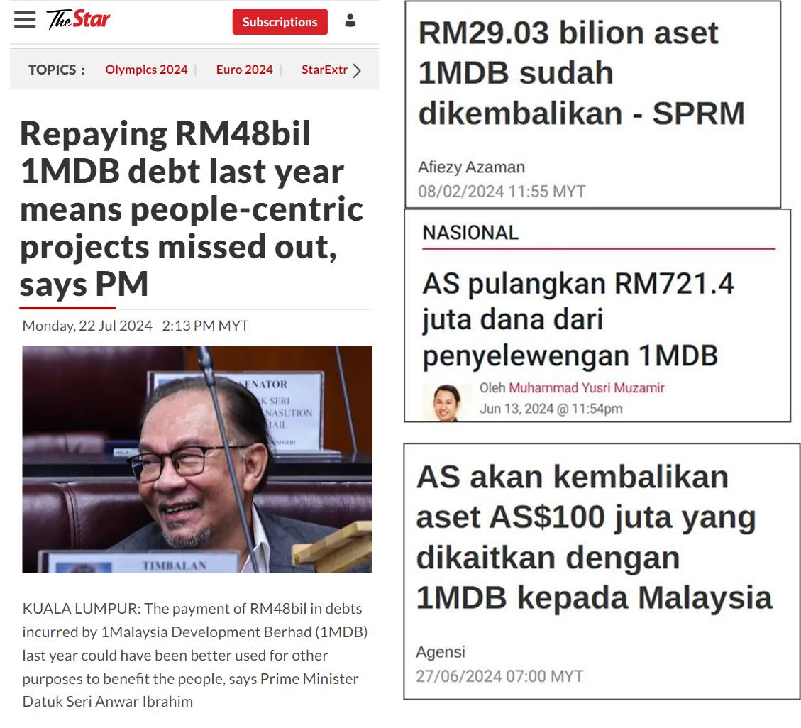 Kenyataan berkenaan PMX hari ini kurang tepat.

RM48  bilion yang dimaksudkan dalam jawapan Menteri Kewangan II dalam Dewan  Rakyat itu bukan dibayar sekaligus pada tahun 2023 lepas - tetapi ianya  adalah jumlah keseluruhan prinsipal dan faedah hutang sejak 1MDB  ditubuh.

Hutang