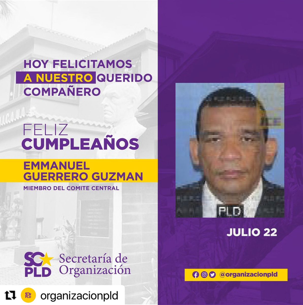 EmmanuelGuerre's tweet photo. #Repost organizacionpld with @use.repost
・・・
💜¡Feliz cumpleaños, compañer@! ⭐️
#organizacionpld #pld #pldexterior #pldenlinea #maspld #elpeledeista https://t.co/u31vh3D2Kn