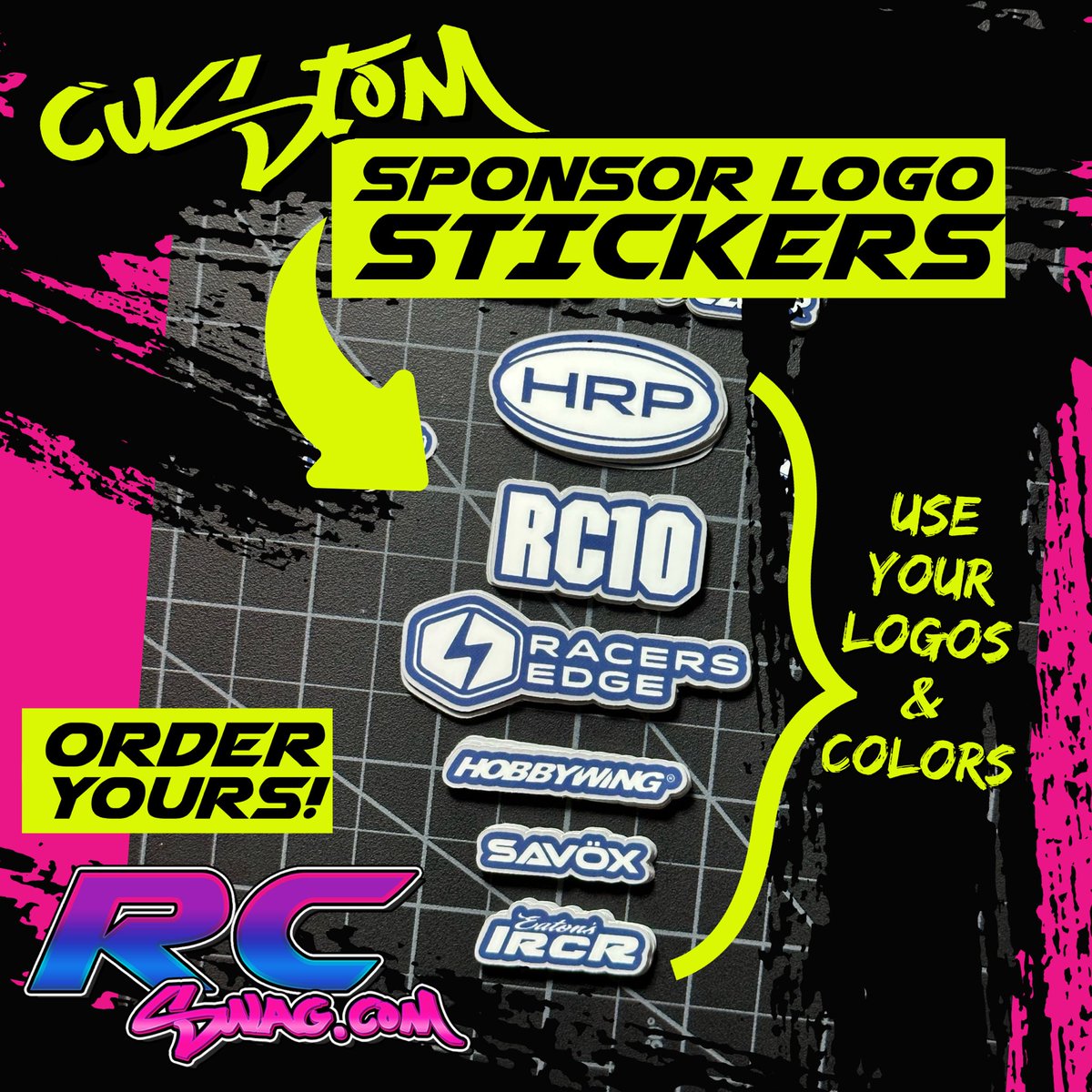 TheRealRCSWAG's tweet photo. Custom Logo Stickers - use your sponsors &amp; pick your colors!
Order online link: https://t.co/2gHMD8FlOu
Need a bunch of stickers? 
Contact us info@RCSWAG.com for a sticker SWAG Pack!

#SponsorStickers, #HRP, #RC10, #RacersEdge #Hobbywing #SAVOX #Eatons #IRCR #Get#GetYourSWAGon https://t.co/gRykndN7ji