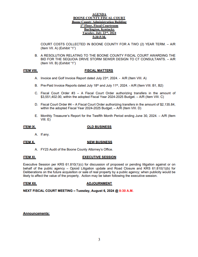 The Boone County Fiscal Court is holding a regular meeting tomorrow, Tuesday, July 23rd, at 5:30 pm. The meeting will be held in the Fiscal Court Room at 2950 Washington Street, Burlington. The meeting can be livestreamed here.

Tomorrow’s agenda includes a number of routine
