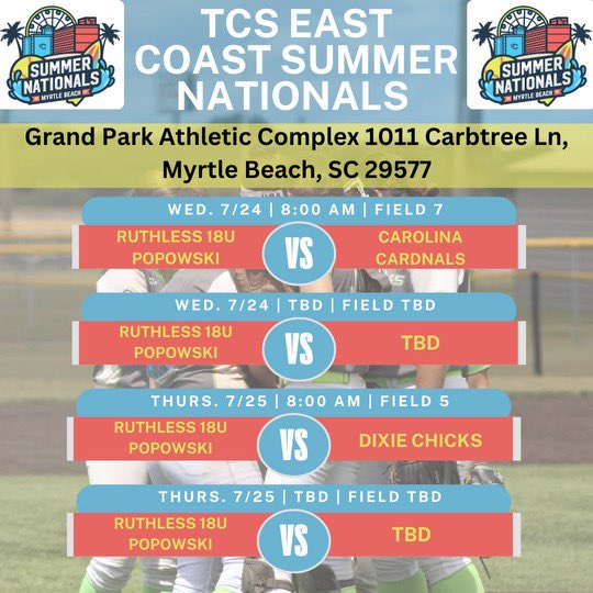 Emily Richards (@richards2025) on Twitter photo Last tournament of the summer, comes in the form of Nationals‼️ Let’s go‼️
Games are TBD for Friday and Saturday.
<a href="/Bucknell_SB/">Bucknell Softball</a> <a href="/CoachSii/">Sarah Sigrest Caffrey</a> <a href="/CoachReneeWall/">Renee Wall</a> <a href="/CoachBradPosner/">Brad Posner</a> <a href="/GburgSoftball1/">GburgSoftball</a> <a href="/bkalman23/">Brooke Kalman</a> <a href="/DSUSBOfficial/">DeSales Softball</a> <a href="/MessiahSoftball/">Messiah Softball</a> <a href="/ACWSB/">Allegheny College Softball</a> <a href="/NJCUSoftball/">NJCU Softball</a> Last tournament of the summer, comes in the form of Nationals‼️ Let’s go‼️
Games are TBD for Friday and Saturday.
<a href="/Bucknell_SB/">Bucknell Softball</a> <a href="/CoachSii/">Sarah Sigrest Caffrey</a> <a href="/CoachReneeWall/">Renee Wall</a> <a href="/CoachBradPosner/">Brad Posner</a> <a href="/GburgSoftball1/">GburgSoftball</a> <a href="/bkalman23/">Brooke Kalman</a> <a href="/DSUSBOfficial/">DeSales Softball</a> <a href="/MessiahSoftball/">Messiah Softball</a> <a href="/ACWSB/">Allegheny College Softball</a> <a href="/NJCUSoftball/">NJCU Softball</a>
