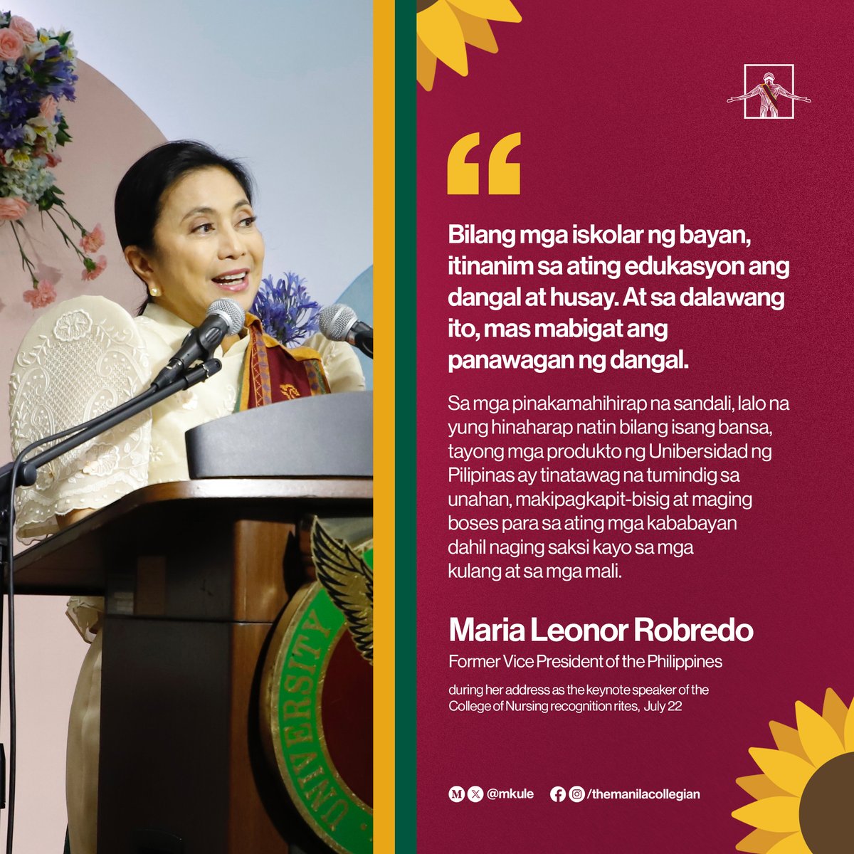 mkule's tweet photo. ICYMI: Former Vice President of the Philippines, Atty. Maria Leonor “Leni” Robredo, graced the Recognition Ceremony of the UP College of Nursing Class of 2024 yesterday, July 22, as the guest speaker.

In her speech, Robredo emphasized the essence of a UP education: "to live with honor and excellence, with your heart for every Filipino, every single day." She hopes the graduates will steadfastly serve Filipinos, upholding their rights and dignity.

#Sablay2024