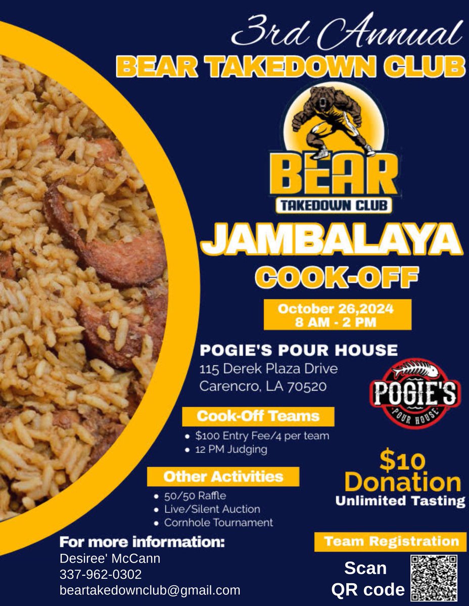 Think you have what it takes to win?

Come out and show off your chef skills at our 3rd Annual Bear Takedown Club Jambalaya Cook-Off!

Enter today using the QR code.