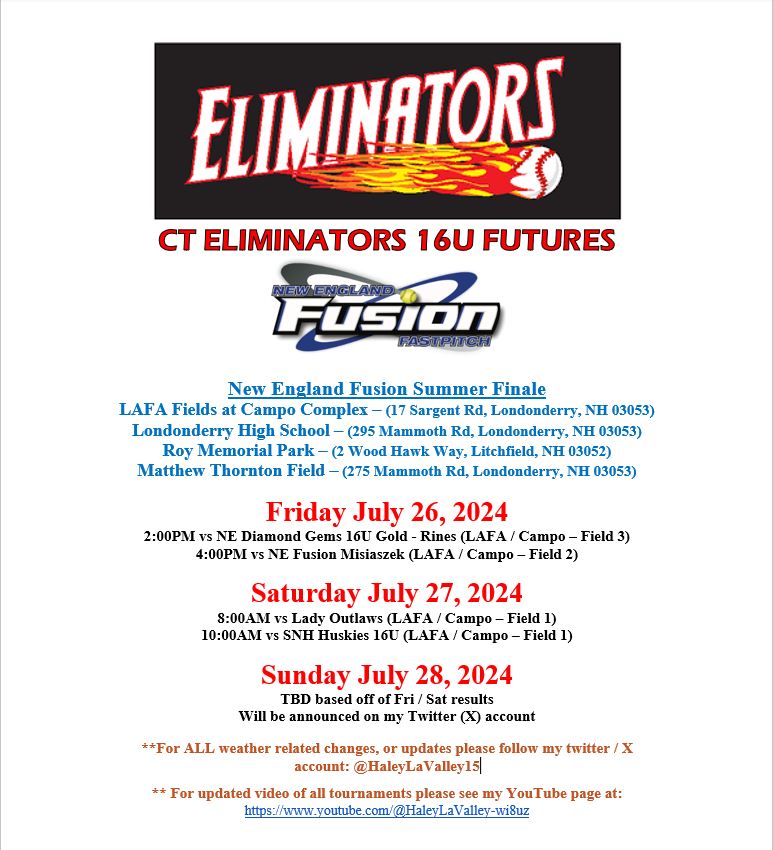 Cant believe we are already here, last tournament of the summer, 😭😭  Please see my schedule for this weekends NE Fusion Summer Finale in Londonderry, NH!
<a href="/USAElite_Jen/">USA Elite</a> <a href="/CTEliminator_SB/">CTEliminators_Softball</a> <a href="/IHartFastpitch/">I❤️Fastpitch</a> <a href="/CoastRecruits/">Coast 2 Coast Recruits</a> <a href="/UncommittedUTR/">Under The Radar 𝕏</a> <a href="/UncommittedUsa/">UncommittedPlayersUSA</a>