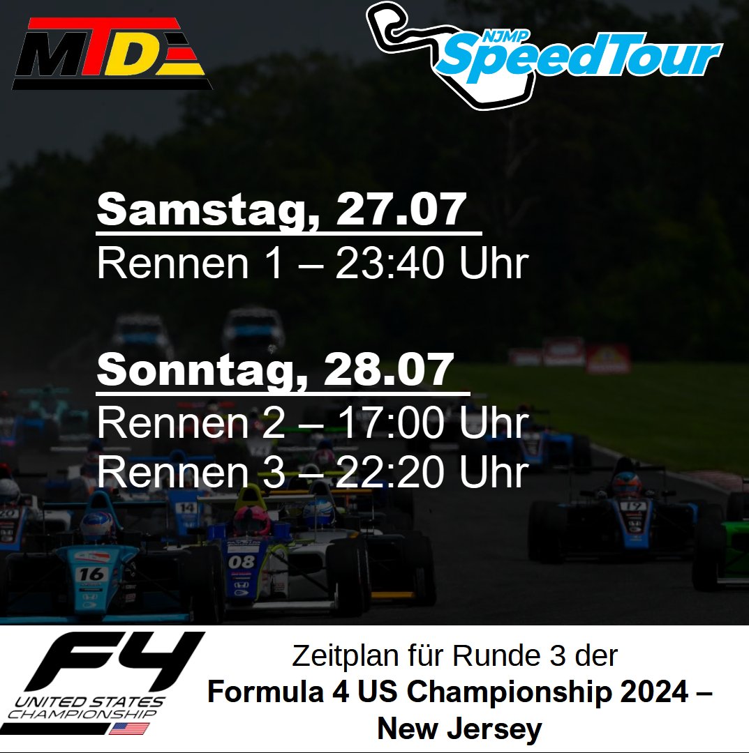 Motorsport diese Woche bei uns 
Die FFSA F4 French wird diese Woche auf dem <a href="/nuerburgring/">Nürburgring</a> fahren. Mathilda Paatz &amp; Montego Maassen fahren auch mit.
<a href="/FRAmericas/">FR Americas</a> &amp; @F4US sind auch unterwegs in New Jersey.
Alle Rennen live und mit deutschen Kommentatoren auf unserem YouTube Account