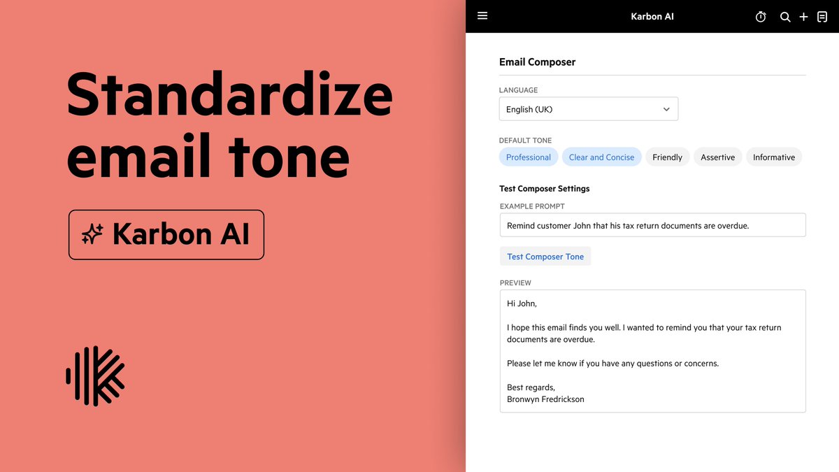 karbonhq's tweet photo. Emails can be tricky. The way you and your staff members communicate over emails can make or break your client relationships.
In this #KarbonUpdate, you can now try out setting and standardizing your email brand tones with Karbon AI. https://t.co/5JR6g4RGo3