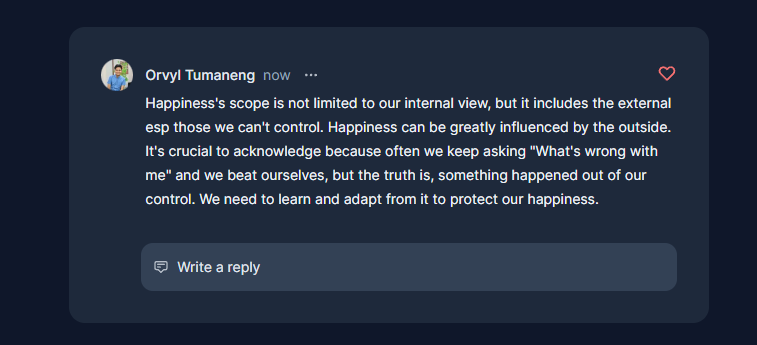orvylft's tweet photo. Currently taking the Your Happiness Blueprint: The Step-By-Step Guide To Happier Life

Here's my insight for today's lesson.

Course: https://t.co/R9SBJ0662p https://t.co/czJ3AkQZcT