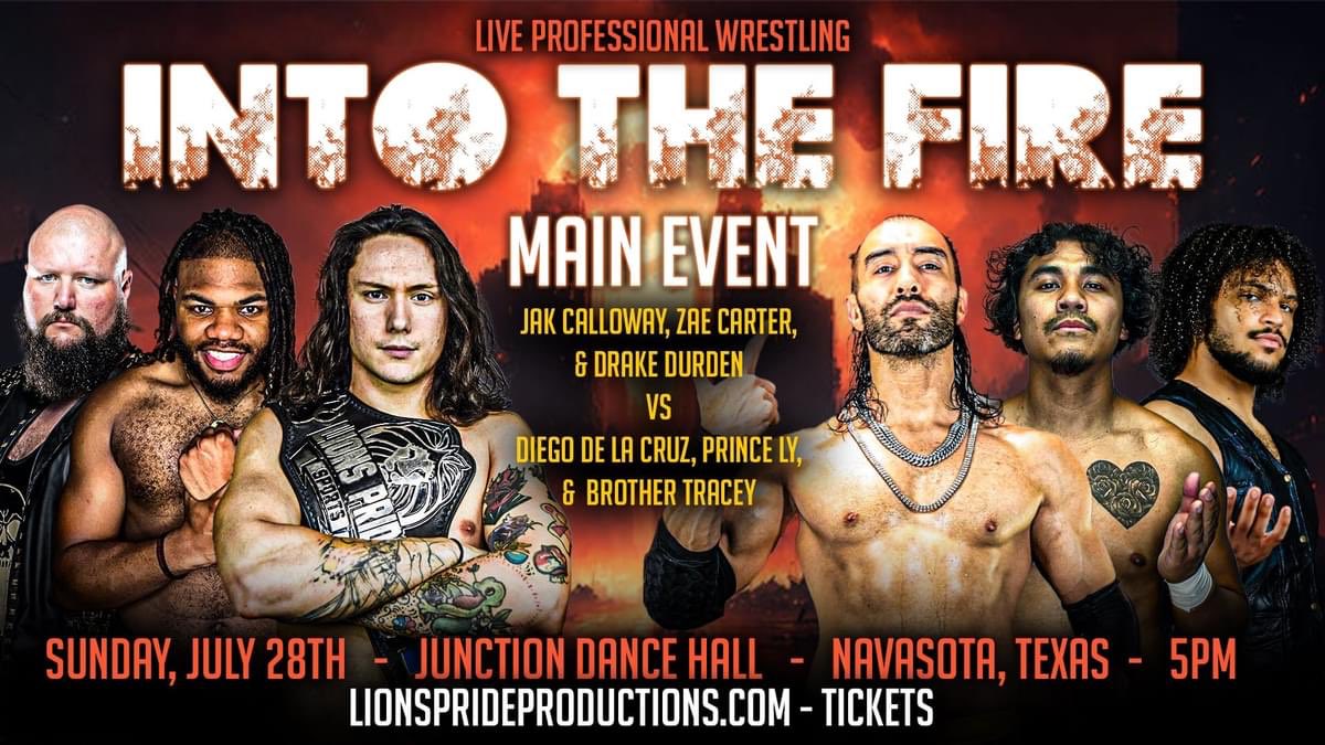 LionsPrideTX's tweet photo. The “X-Factor” @JakCalloway &amp; “The Level” @ZaeCarterPro of Level-X have enlisted @DrakeDurden for #IntoTheFire’s Main Event, forming Level-XL!

With @FatherOday out, @_Diego_DLC has been recruited to tag alongside Majesty’s @PrinceLyPro &amp; @TraceyMoore_! 

https://t.co/39teWpKaHe https://t.co/WpYwmMEj22