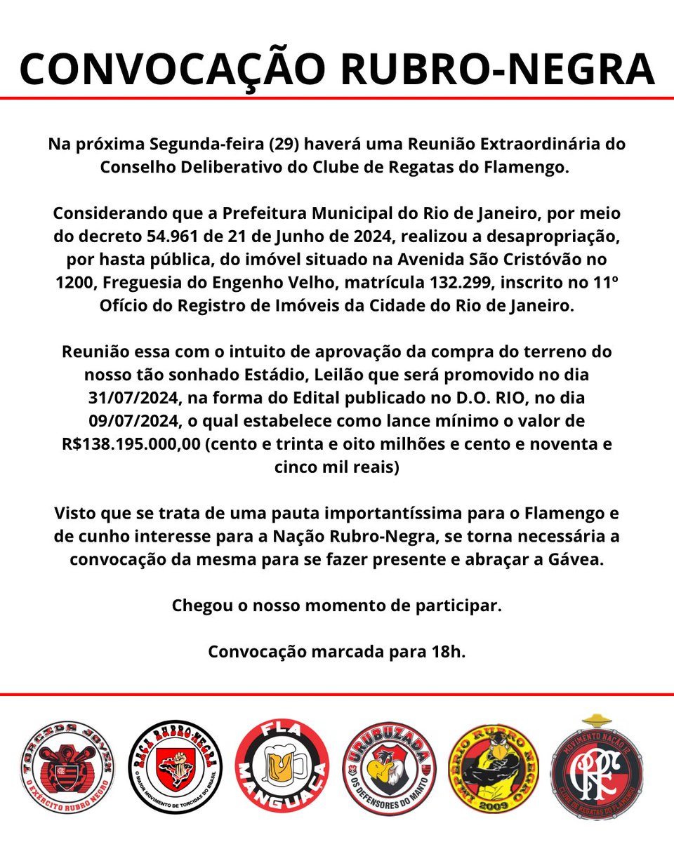 CONVOCAÇÃO NAÇÃO RUBRO-NEGRA

Próxima Segunda-feira (29/07) às 18h no Clube de Regatas do Flamengo.

#Flamengo
#ClubeDeRegatasDoFlamengo #CRF
#FlaManguaça