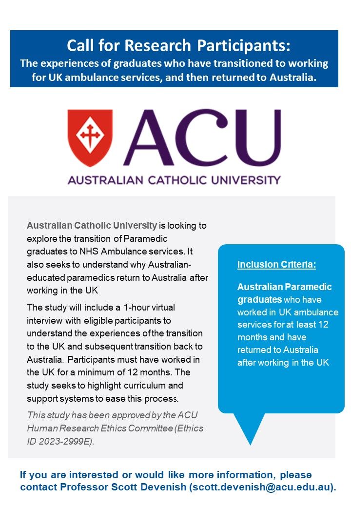 Are you an Aust. paramedicine grad that's worked as a paramedic in the UK, &amp; returned to Australia? Please consider participating in our research study investigating Aust paramedic grads transitioning to NHS Amb services in the UK then returning to Australian paramedic practice.