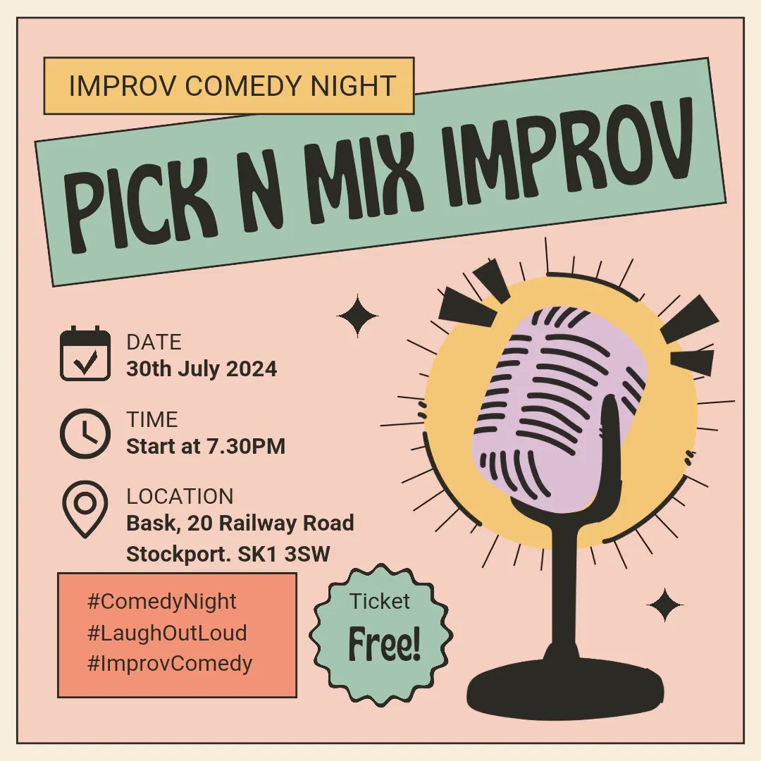 PickNMixImprov's tweet photo. Our next show is at Bask, Stockport, on Tuesday July 30th. Doors 7pm, show starts 7.30pm.... AND ITS FREE!!!

Come down for some laughs, what else would you do on a Tuesday anyway? 

 #picknmiximprov #improv #improvcomedy https://t.co/kJYMi3tsDj