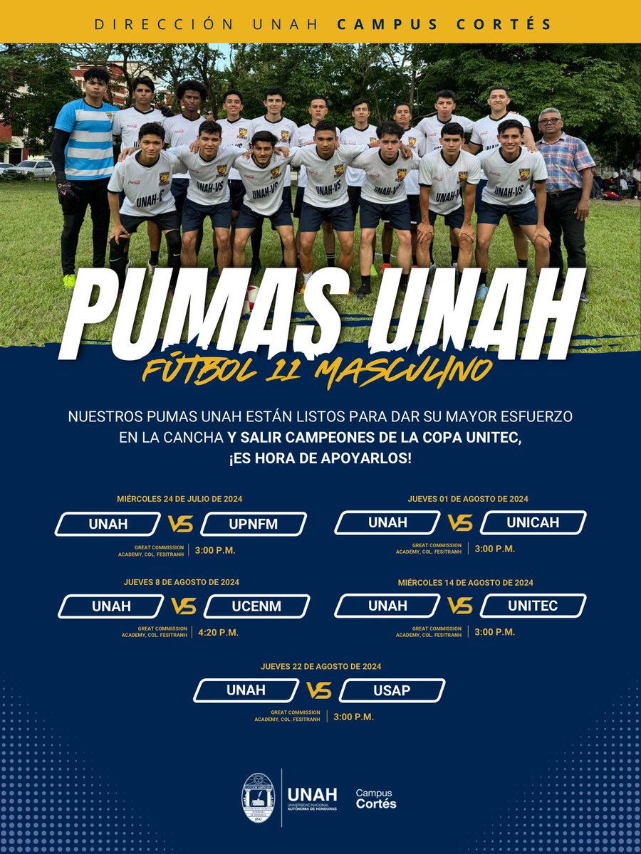 UNAHCortes's tweet photo. 😼👊¡Nuestros PUMAS UNAH están listos para salir campeones de la COPA UNITEC! 🏆⚽️

Con orgullo y pasión, nuestros estudiantes se han preparado para poner en alto el nombre de nuestra UNAH en este torneo interuniversitario local. 

#UNAHCampusCortés https://t.co/Map1dbQpNA