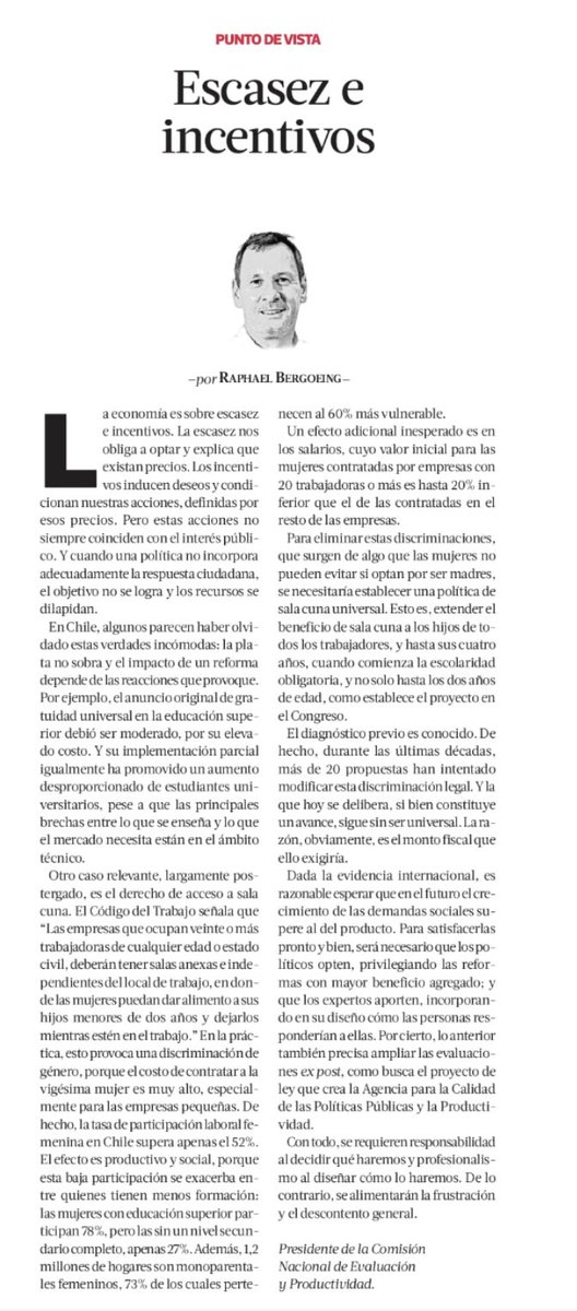 RBergoeingV's tweet photo. "Escasez e incentivos", mi columna en @latercera sobre algunas verdades incómodas: una buena política pública debe (1) ser fiscalmente factible y (2) considerar la respuesta que generará. https://t.co/YCzI5ffNir