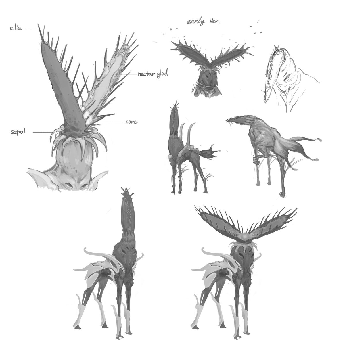 sanbaRex's tweet photo. Late to the game! 
Kaiju: Seed
PromPt list by @flancortes

Some more early exploration on the last page
.
.
. 
#kaijune #kaijune2024 #creaturedesign #conceptart https://t.co/NpciXSYNhz