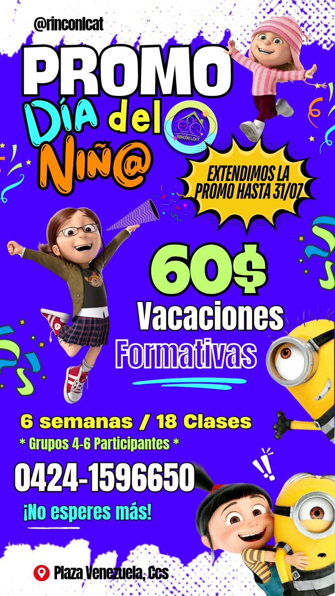 lcat_el's tweet photo. 🌟 ¡No pierdas esta oportunidad! Inscribe a tu hijo hoy mismo en Vacaciones Formativas para un aprendizaje efectivo y aprovecha nuestra promoción extendida hasta el 31 de julio.

‼️ ¡No te quedes sin tu cupo!
P.D.: Dirigido a Niños Preescolar+5 años a Bachillerato.
@rinconlcat https://t.co/cMrWi2SrF5
