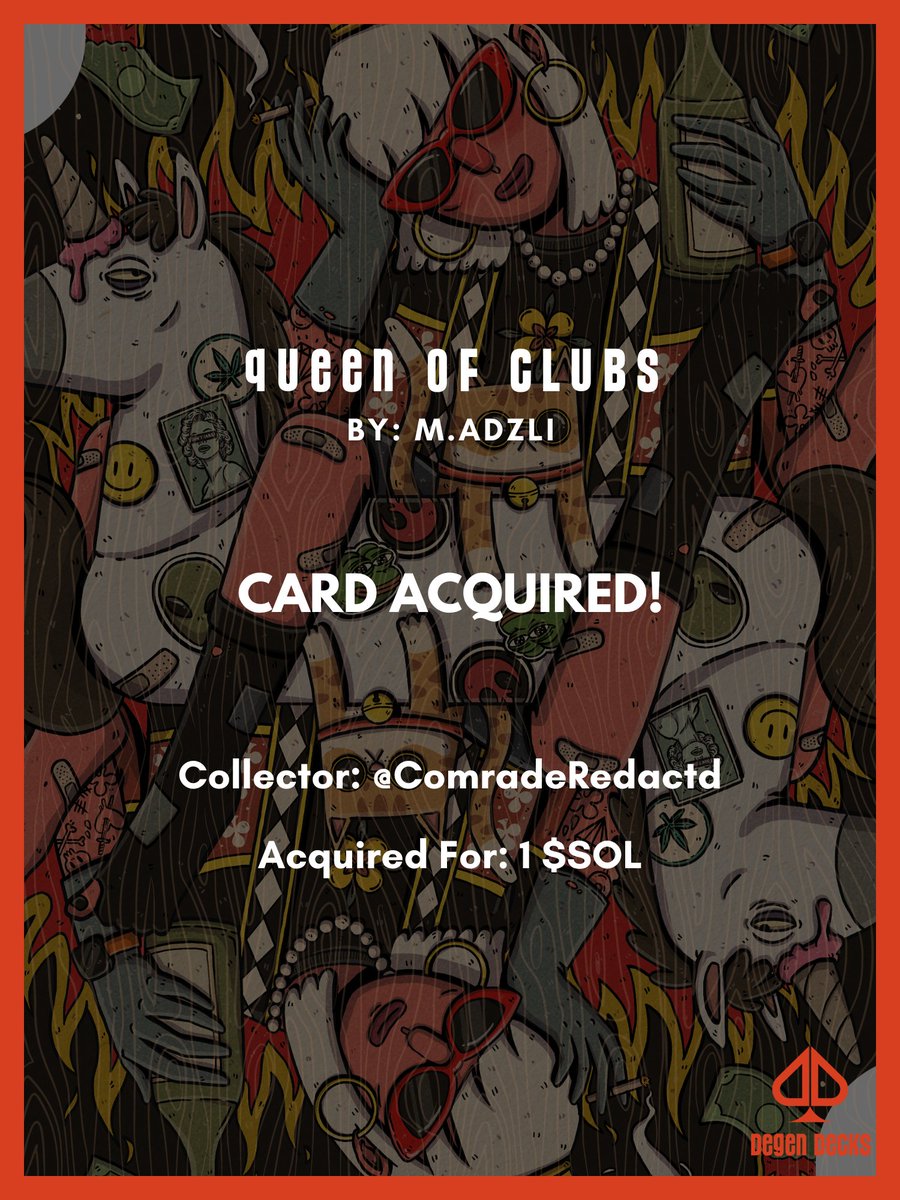 Queen of Clubs ♣️ by <a href="/M_adzli/">M.ADZLI</a> has been acquired!

A heartfelt thanks to <a href="/ComradeRedactd/">Redacted</a> for collecting this stunning artwork 👑

His name will be forever immortalized for being printed inside of Degen Deck tuck case.

39 out of 52 (1/1)CARDS SOLD ♦️