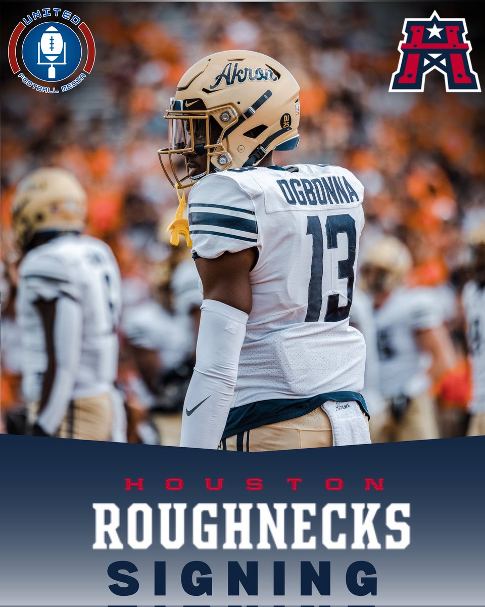 AceUFM's tweet photo. #BREAKING The Roughnecks have signed 6'2 190 lb Corner Chu Ogbonna to a letter of intent! The Akron alum keeps the signings rolling and the trend of taller DBs joining one of the smaller secondaries in the #UFL. #DrillBabyDrill @_chuwop https://t.co/iVIeGbKnYu