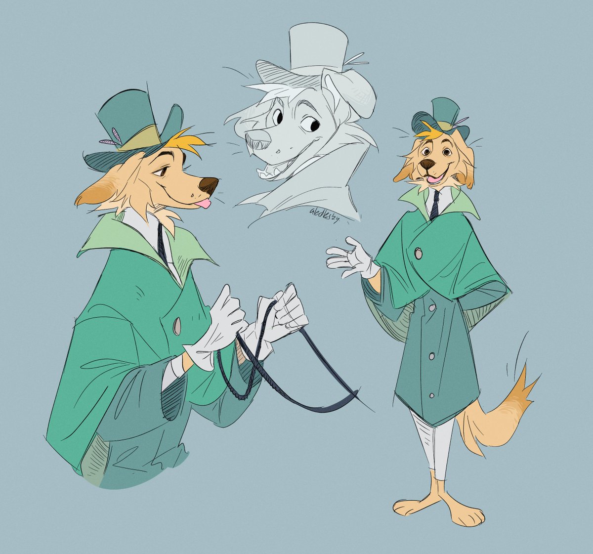 A sketch page of Toast, an anthropromorphic golden retriever, in a Coachman costume worn by Shamus in Mary Poppins Returns.