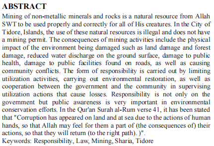 JTL_Journal's tweet photo. Alauddin, Rusdin, et al. “#EnvironmentalLegal Responsibility Of Non-Metal And Rock #MiningBusiness Persons In Sharia Perspective: Study In The City Of Tidore Islands.” Journal of Transcendental Law, vol. 3, no. 2, July 2022, pp. 90–97. https://t.co/m76FAiTlkP. https://t.co/bTRhnWZDjN