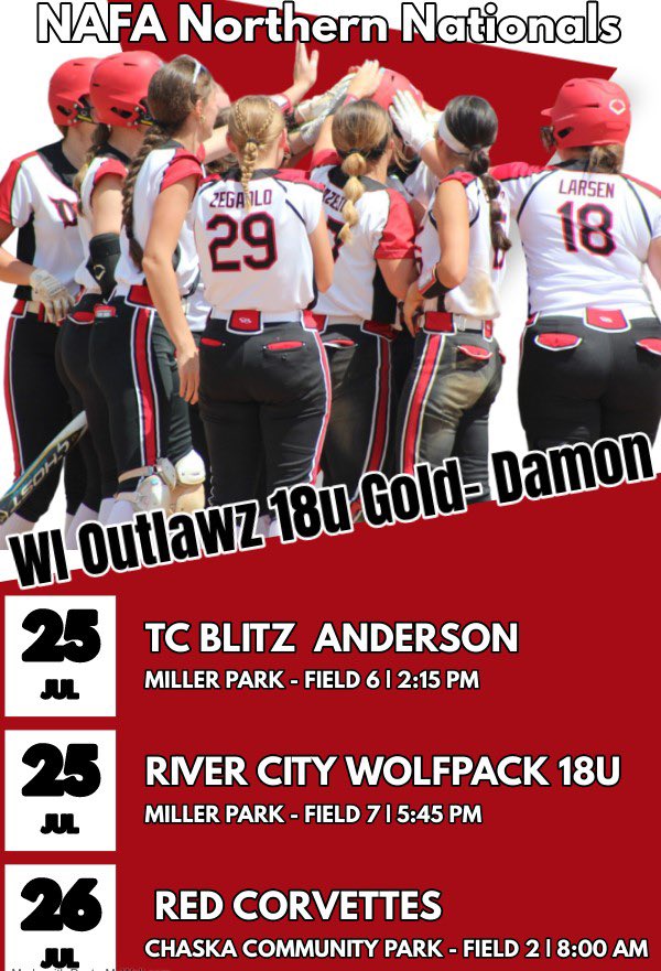 Cora Nelson (@c_nelson2025) on Twitter photo Finishing our season this weekend in Eden Prairie, MN at NAFA Northern Nationals! Come check us out: <a href="/Wisoutlawz/">Wisconsin Outlawz Fastpitch</a> <a href="/lizjagielski/">Elizabeth Jagielski</a> <a href="/GBPhoenixSB/">Green Bay Softball</a> <a href="/skubuske/">Sara Kubuske</a> <a href="/UWECSoftball/">Blugold Softball</a> <a href="/BlugoldCoachH/">Leslie Huntington</a> <a href="/UNISoftball/">UNI Softball</a> <a href="/regent_softball/">Rockford University Softball</a> <a href="/SMUMNFastpitch/">SMUMN Fastpitch</a> Finishing our season this weekend in Eden Prairie, MN at NAFA Northern Nationals! Come check us out: <a href="/Wisoutlawz/">Wisconsin Outlawz Fastpitch</a> <a href="/lizjagielski/">Elizabeth Jagielski</a> <a href="/GBPhoenixSB/">Green Bay Softball</a> <a href="/skubuske/">Sara Kubuske</a> <a href="/UWECSoftball/">Blugold Softball</a> <a href="/BlugoldCoachH/">Leslie Huntington</a> <a href="/UNISoftball/">UNI Softball</a> <a href="/regent_softball/">Rockford University Softball</a> <a href="/SMUMNFastpitch/">SMUMN Fastpitch</a>