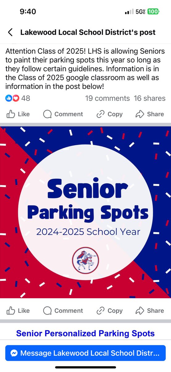 Seniors! Paint your parking spot this year! This is an example of your class leadership at work. Your class president wrote a proposal, got it approved, now your admin and teachers are making it happen!
See LLSD FB page for details 😊 ❤️💙❤️ #ThatsMyLakewood