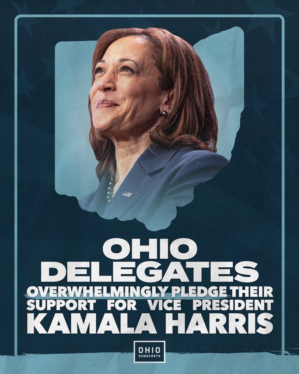 OHDems's tweet photo. Ohio's Democratic delegates to the national convention voted overwhelmingly to pledge their support to Vice President @KamalaHarris tonight. 

As the state that will determine control of the House and Senate, it's crucial we have a candidate at the top of the ticket who will fight for Ohio's working families and our rights.