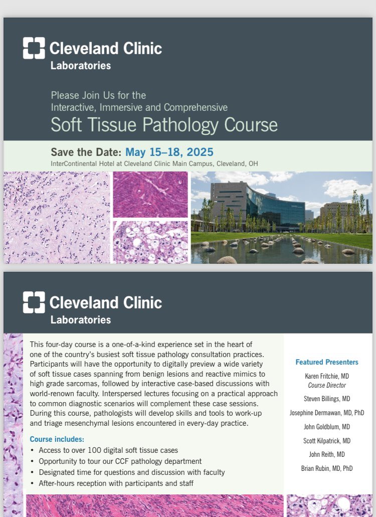 KarenFritchieMD's tweet image. Save the date! Join us next May 15-18 in Cleveland for our 2nd Annual Comprehensive and Interactive Soft Tissue Course!! #bstpath #bstpathology #dermatopathology
