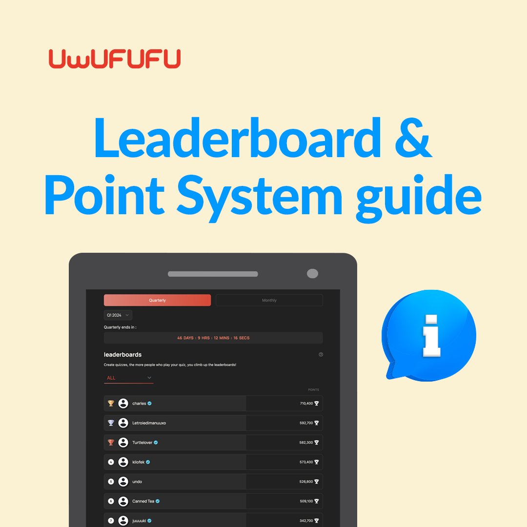 Our top content creators are climbing 🚠🏔️up the leaderboards by creating quizzes and posts enjoyed by our millions of users😎, earning them points💯 which can be used to buy #UwUFUFU #lootballs 🎊 packed with awesome real world prizes🎁🎁

help.uwufufu.com/uwufufu/leader…
