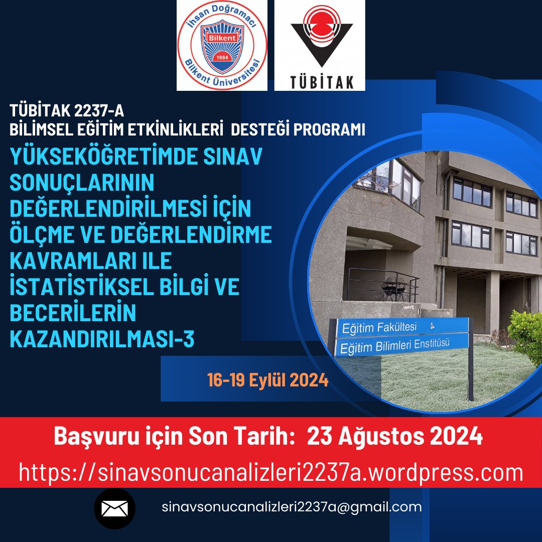 Başvurular başladı!
16-19 Eylül 2024 tarihlerinde Bilkent Üniversitesi’nde ölçme ve değerlendirme uzmanlarının vereceği kuramsal ve uygulamalı derslerde araştırma görevlileri ile buluşuyoruz. Son gün 23 Ağustos 2024.
Başvuru: …navsonucanalizleri2237a.wordpress.com