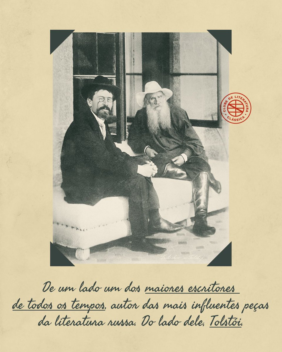 🤝 Amigos, amigos, filosofias à parte.

Tolstói e Tchêkhov tinham uma relação de profunda admiração e respeito. Isso não os impedia de terem grandes divergências filosóficas e pessoais.

Lev Tolstói e Anton Tchêkhov se conheceram em 1895, quando Tolstói já era um escritor