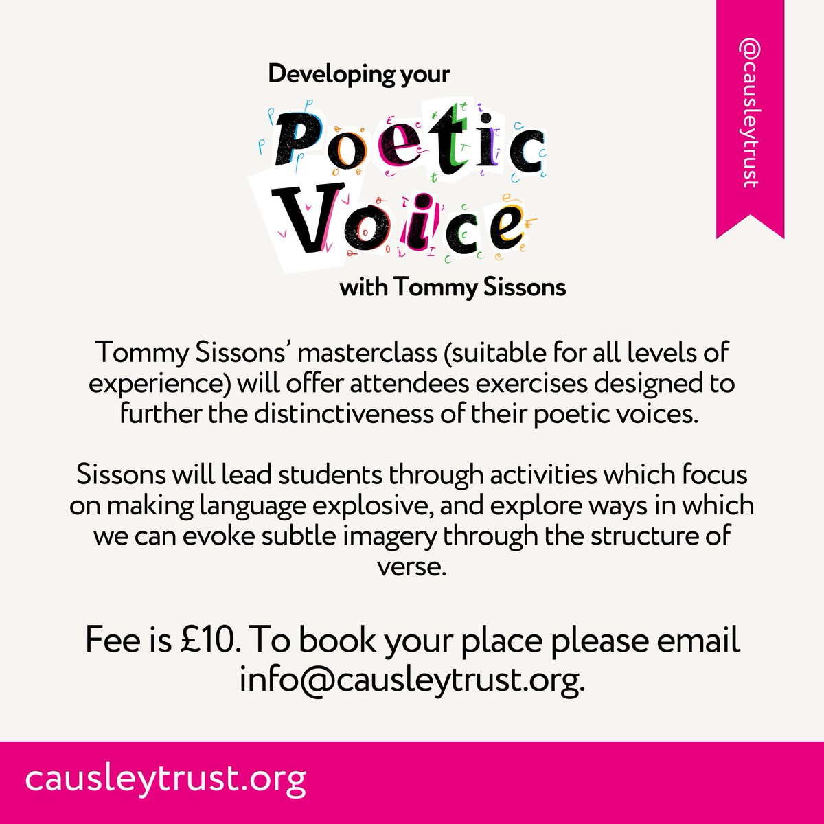 Causley Trust (@causleytrust) on Twitter photo 📝✒️Developing your poetic voice.
Tommy Sissons’ masterclass will offer attendees exercises designed to further the distinctiveness of their poetic voices.
🗓️Saturday 3rd August, 10-11.30am.
📍Cyprus Well.
🎫Fee is £10. To book your place please email info@causleytrust.org. 📝✒️Developing your poetic voice.
Tommy Sissons’ masterclass will offer attendees exercises designed to further the distinctiveness of their poetic voices.
🗓️Saturday 3rd August, 10-11.30am.
📍Cyprus Well.
🎫Fee is £10. To book your place please email info@causleytrust.org.