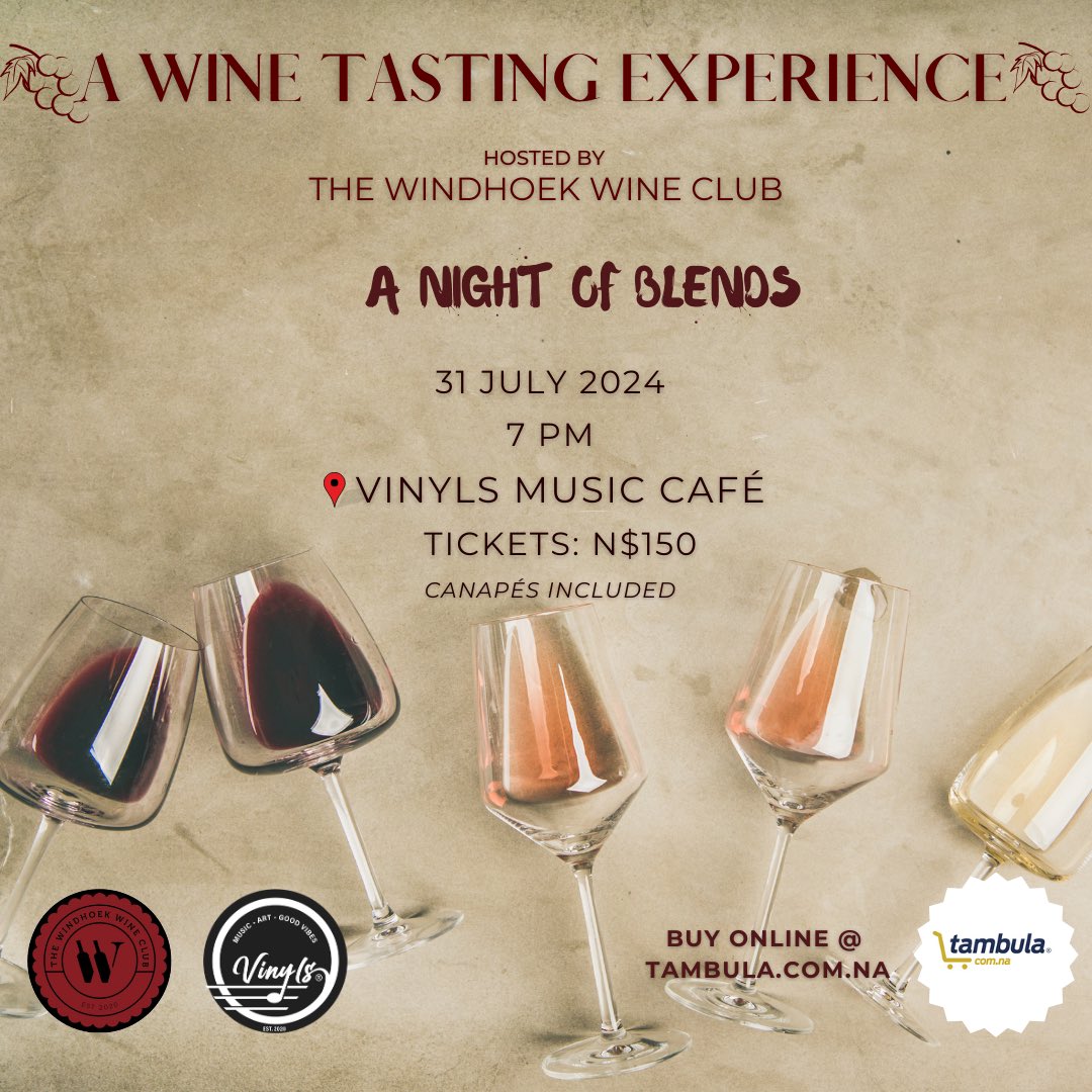 We're back with another exciting Wine Wednesday, and this time it's all about the blends! 🍇🍷 Join Windhoek Wine Club and <a href="/vinylswhk/">Vinyls Music Cafe</a> on July 31, 2024, at 7 PM at Vinyls Music Cafe for a night of exquisite blended wines and tasty canapés.

Tickets are just N$150! 🎟️