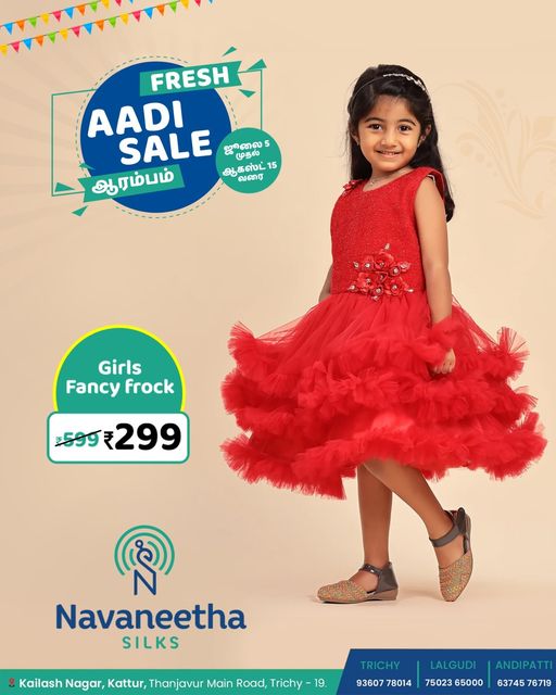 NavaneethaSilks's tweet image. 📷Fresh Aadi Sale ஆரம்பம்📷
Girls Fancy Frock ₹299/-
#aadisale #aadicollections #girlsfancyfrock
Navaneetha Silks
Feel New Every Time
Kailash Nagar, Kattur,
Thanjavur Main Road, Trichy 
Trichy | Lalgudi | Andipatti
9360778014 
#aadioffer #freshaadisale #aadidiscount #specialsale