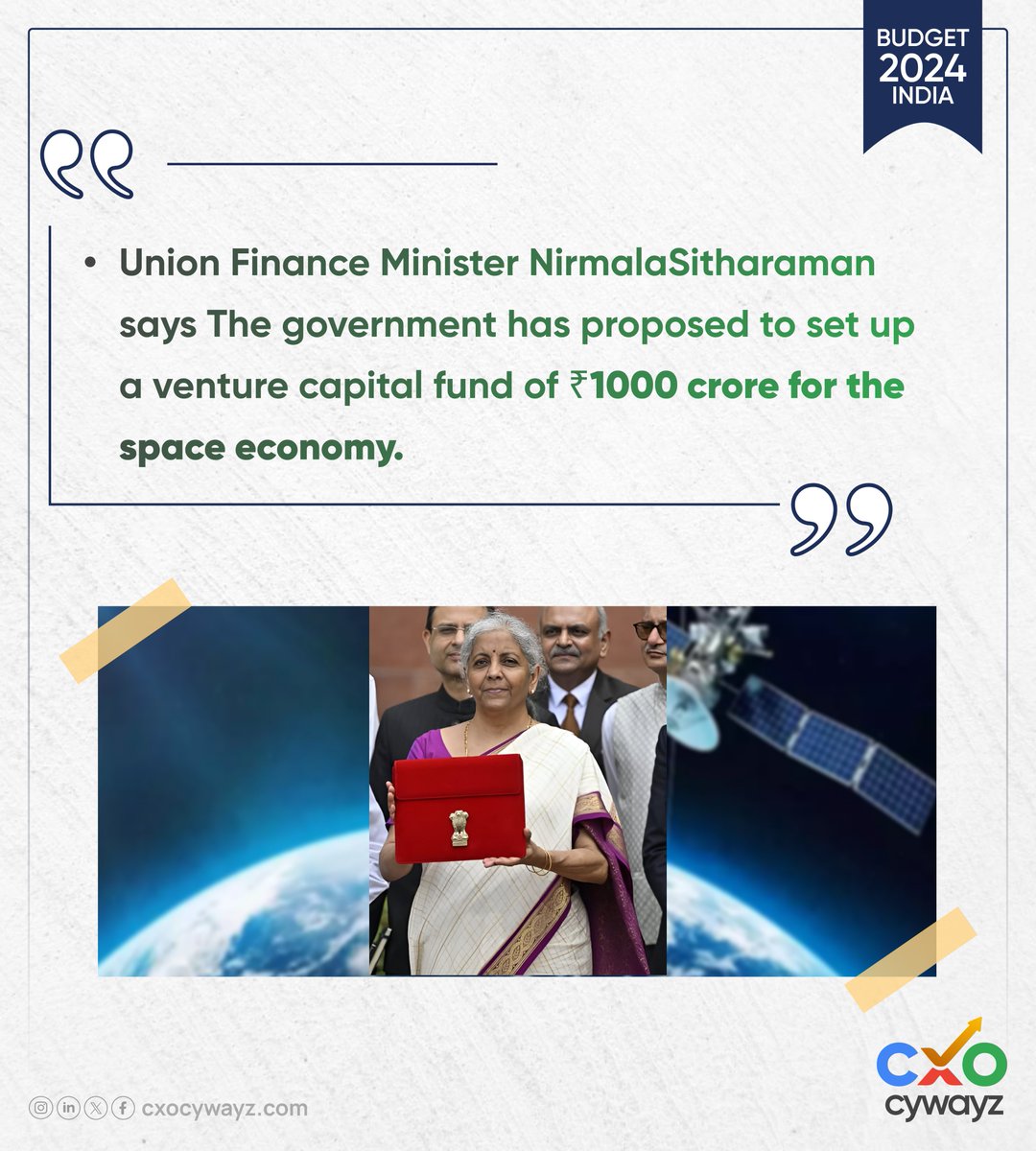 Union Finance Minister NirmalaSitharaman says The government has proposed to set up a venture capital fund of ₹1000 crore for the space economy.

#Budget2024 #UnionBudget #UnionBudget2024 #IndianBudget #BudgetHighlights #BudgetAnalysis #Economy #Finance #India #Government