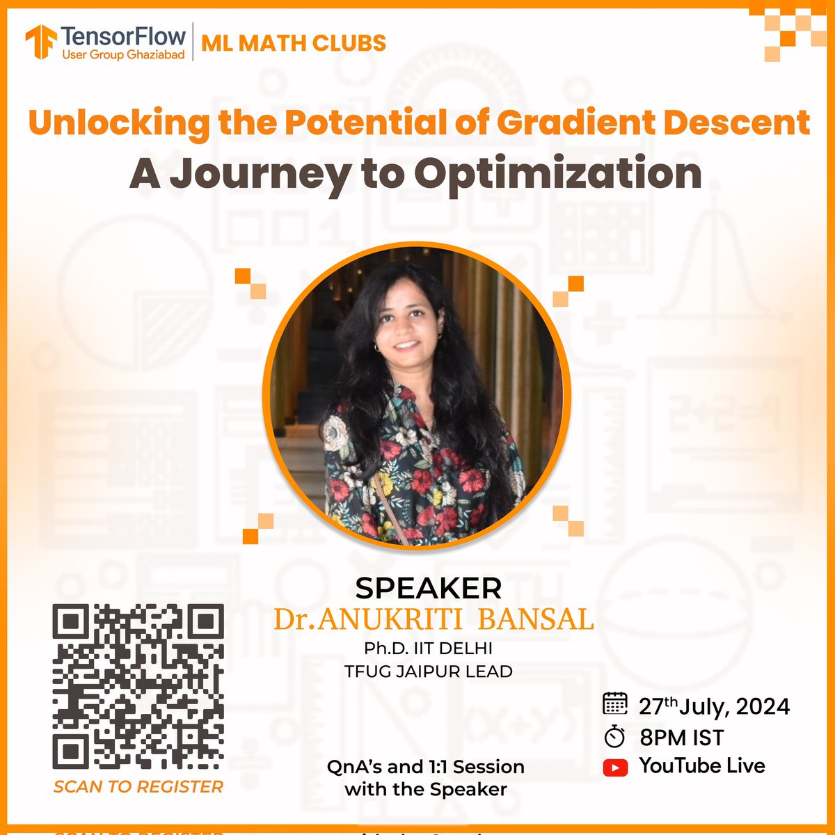 🎤 Introducing Our Esteemed Speaker: Dr. Anukriti Bansal 🎤

We are delighted to welcome Dr. Anukriti Bansal, a Ph.D. from IIT Delhi and the lead of TFUG Jaipur, as a distinguished speaker for the ML Math Clubs!

🔗 Register Now: commudle.com/fill-form/2521
#tfug #TensorFlow
#ml