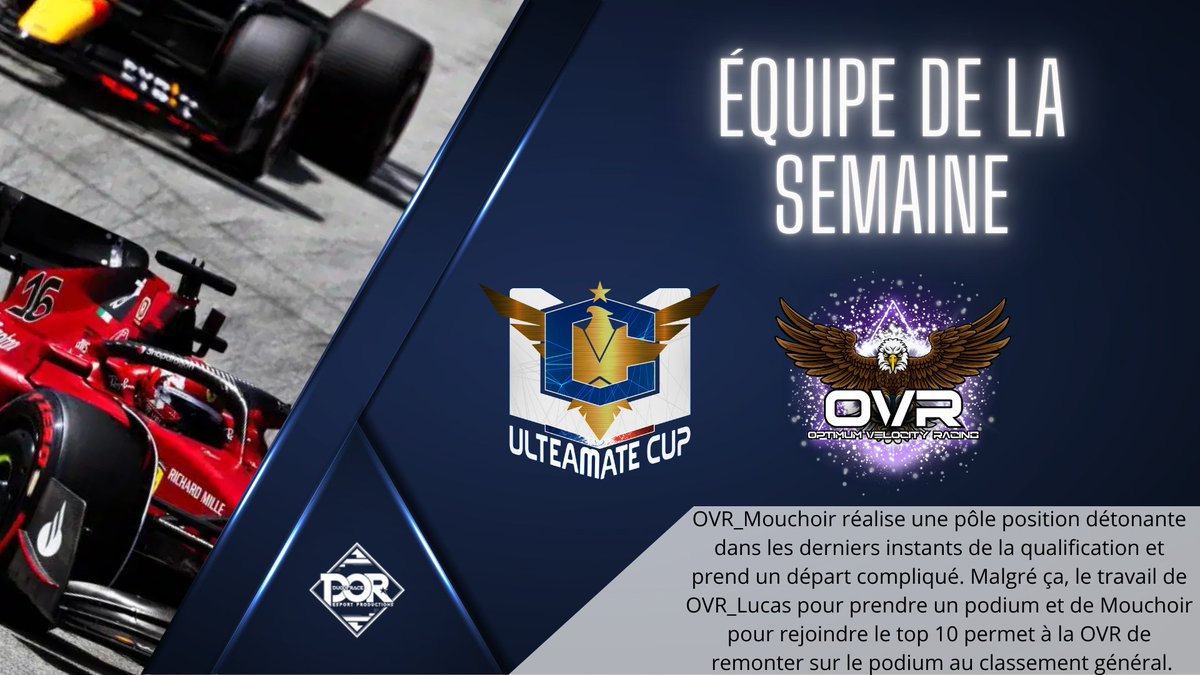 Pour ce GP d'Espagne, les casteurs du <a href="/DOR_eSportProd/">DOR eSport Productions</a> ont décidé de nommer la <a href="/OVR_EsportF1/">Optimum Velocity Racing</a> comme équipe de la semaine après avoir assuré le spectacle jeudi soir 🤩
Bravo à @ClynR6S et à Lucas pour leurs prestations qui permet à la OVR de remonter au classement général 🥈