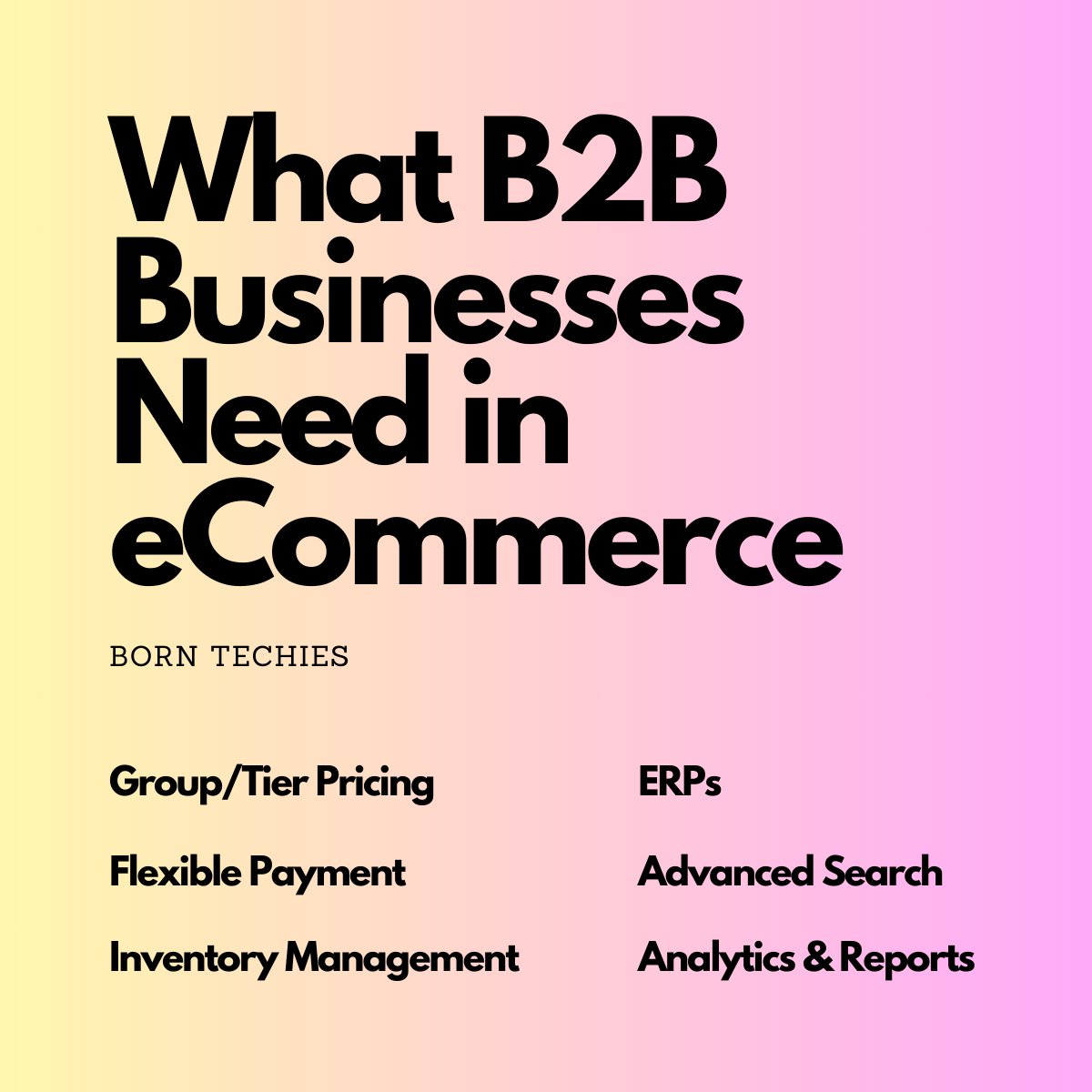 BornTechies's tweet image. Essential Features for B2B eCommerce Websites:
1. Personalized Experience
2. Seamless Integration
3. Advanced Search
4. #MobileOptimization
5. Robust Security
6. Flexible Payments
7. Comprehensive Analytics
8. User Management
9. #BulkOrdering
10. #CustomerSupport

#B2BeCommerce