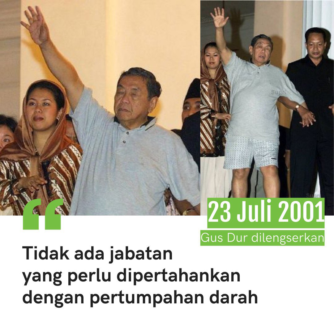GUSDURians's tweet photo. Tepat hari ini, 23 tahun yang lalu, Gus Dur dilengserkan dari jabatannya sbg presiden. Laporan harian Kompas menyebutkan ada 300ribu relawan siap berangkat ke Jakarta utk membela Gus Dur. Namun, Ia melarangnya. Ia tidak ingin ada pertumpahan darah hanya demi jabatan. https://t.co/hoOaTSUAXh