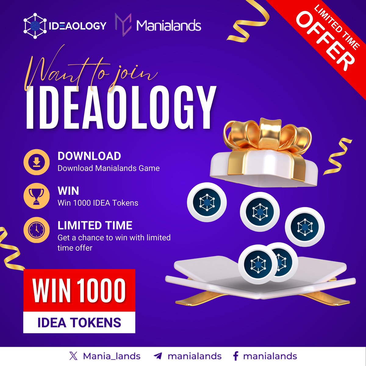 Join Ideaology &amp; Win 1000 IDEA! 🚀✅ Download Manialands Game : manialands.s3.us-east-2.amazonaws.com/game/ManiaLand…✅ Win 1000 IDEA Token

✅ Mention your Wallet Address in Comment 📅 23th Jul - 26th Jul (UTC +8) 🔒 Limited to first 2000 usersDon't miss out! #IDEA $IDEA #Manialands #NFTGame