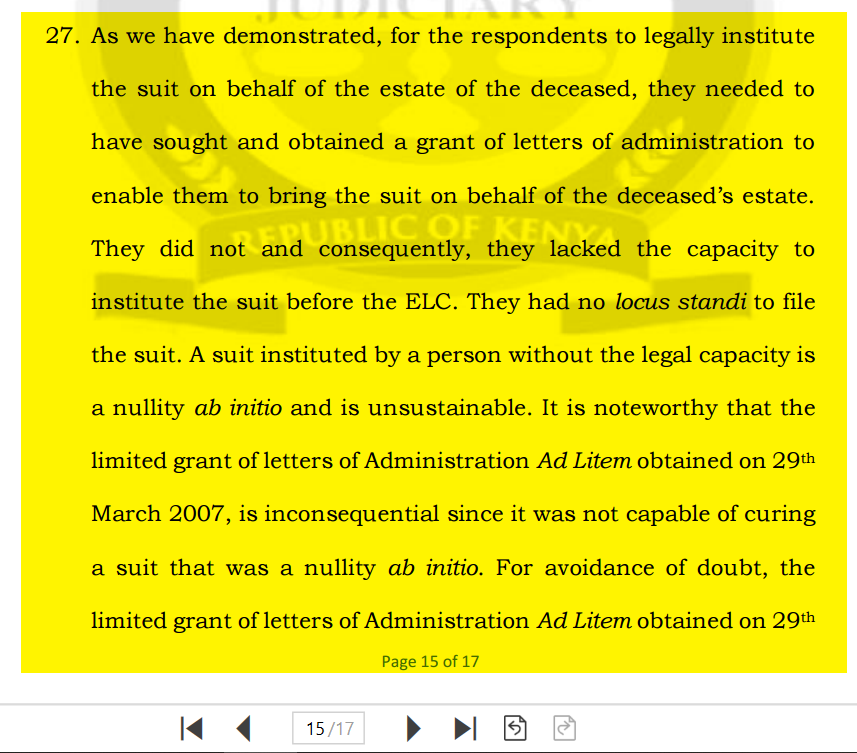 LegalEasy_KE's tweet photo. Joseph Kihanya &amp; 4ors v. Veronica Gichuri &amp;anor; Civ. Appeal 15/2019

Any suit instituted on behalf estate of deceased without grant of letters of administration is a nullity ab initio. Subsequent obtaining of letter of administration cannot retroactively cure previous nullities. https://t.co/nVSVudhfY9