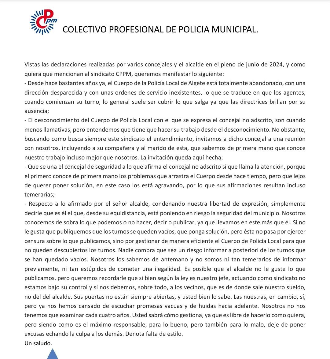 📢 Escrito donde <a href="/CppmAlgete/">CPPM Algete Policía</a> contesta al Alcalde, al Concejal de Seguridad y al Concejal No Adscrito del Ayto. de #Algete sobre las declaraciones del pleno de junio de 2024.