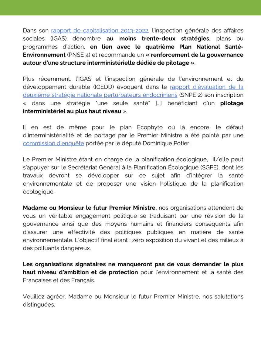 Jeunes Médecins rejoint les organisations signataires d’une lettre ouverte au / à la futur(e) premier(e) ministre pour faire de la santé environnementale une priorité ! L'inaction politique a un coût pour l'environnement, pour la santé, pour la société 👇🏼