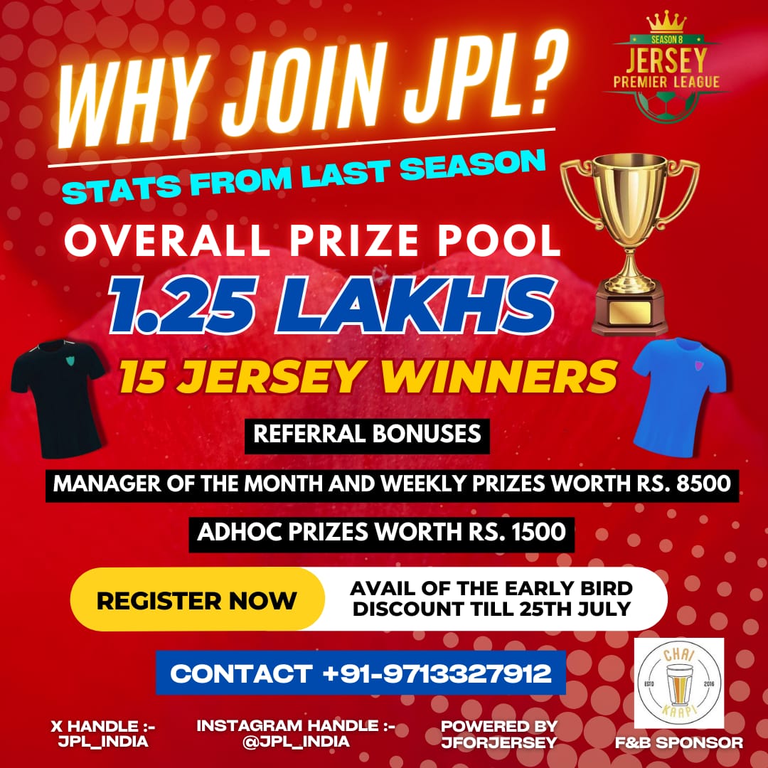 JPL_India's tweet photo. Last 2 days to avail early bird offer.

130+ have already joined for next year and to all our old participants, we would recommend you to get yourself enrolled before 25th.

A simple breakdown of the prizes we gave last year to everyone 😎

#FPL #JerseyPremierLeague #FPLIndia https://t.co/FyTldzuTwq