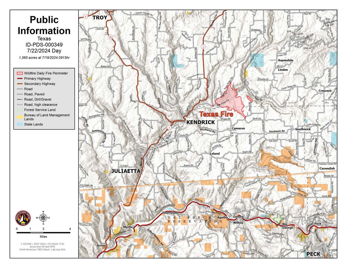 IdahoPubRadio's tweet image. The #TexasFire east of Kendrick is now 70% contained. Here again is the map issued earlier today.